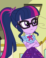 Size: 783x995 | Tagged: safe, screencap, sci-twi, twilight sparkle, best trends forever, best trends forever: pinkie pie, equestria girls, g4, my little pony equestria girls: better together, clothes, cropped, crossed arms, female, geode of telekinesis, glasses, magical geodes, ponytail, skirt, solo