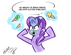 Size: 1703x1321 | Tagged: safe, artist:christheblue, starlight glimmer, crystal pony, pony, g4, brain freeze, crystallized, female, food, hangry, ice cream, simple background, solo, wat, white background