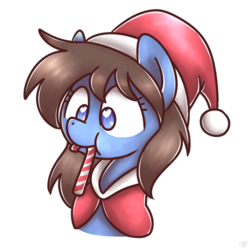 Size: 1000x1000 | Tagged: safe, artist:sugar morning, oc, oc only, oc:blue violet, pony, bust, candy, candy cane, christmas, clothes, eating, food, hat, heart eyes, holiday, looking down, poncho, portrait, santa hat, simple background, solo, transparent background, wingding eyes