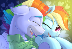 Size: 1280x870 | Tagged: safe, artist:pusspuss, bow hothoof, rainbow dash, pegasus, pony, g4, crying, duo, explicit source, eyes closed, fanfic, fanfic art, fanfic cover, father and daughter, female, floppy ears, hug, implied raincest, male, mare, one eye closed, open mouth, squishy cheeks, stallion, tears of joy, wink