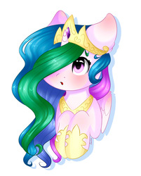 Size: 2105x2616 | Tagged: safe, artist:sweesear, princess celestia, alicorn, pony, g4, blushing, chibi, commission, crown, cute, cutelestia, female, high res, jewelry, mare, open mouth, raised hoof, regalia, simple background, solo, white background, ych result