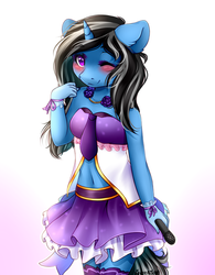 Size: 2000x2564 | Tagged: safe, artist:sweesear, oc, oc only, oc:silver lining, unicorn, anthro, anthro oc, belly button, blushing, clothes, commission, cute, female, flower, gradient background, high res, jewelry, looking at you, mare, microphone, midriff, moe, necklace, one eye closed, pearl necklace, signature, skirt, smiling, socks, solo, thigh highs, wink, wristband, ych result