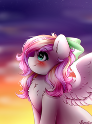 Size: 2000x2685 | Tagged: safe, artist:sweesear, oc, oc only, oc:iridescent flings, pegasus, pony, blushing, bow, chest fluff, cloud, commission, cute, female, hair bow, high res, mare, signature, sky, smiling, solo, stars, ych result