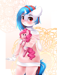Size: 1841x2414 | Tagged: safe, artist:sweesear, pinkie pie, oc, oc:aqua jewel, earth pony, pony, unicorn, anthro, g4, abstract background, anthro oc, anthro with ponies, blushing, clothes, commission, cute, female, freckles, holding, holding a pony, looking at you, mare, open mouth, pants, plushie, signature, smiling, solo, sweater, toy, ych result