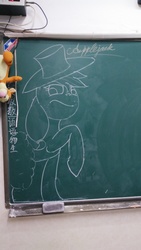 Size: 2368x4208 | Tagged: safe, artist:twinblade edge, applejack, earth pony, pony, g4, applejack's hat, chalkboard, chinese character, cowboy hat, hat, irl, looking at you, monochrome, photo, raised hoof, smiling, solo