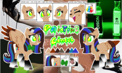 Size: 1044x628 | Tagged: safe, artist:latiapainting, oc, oc:painting cincel, original species, aesthetic background, bowtie, chest fluff, claws, colored wings, ear fluff, eyebrows, fangs, leonine tail, multicolored wings, reference sheet, smiling, spots, tricolor mane
