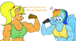Size: 1941x1042 | Tagged: safe, artist:calm wind, artist:matchstickman, edit, applejack, rainbow dash, anthro, g4, 1000 years in photoshop, abs, applejacked, biceps, breasts, busty applejack, busty rainbow dash, cleavage, clothes, comparison, competition, female, flexing, gloves, lesbian, midriff, muscles, muscular female, rainbuff dash, ship:appledash, shipping, size difference, sports bra