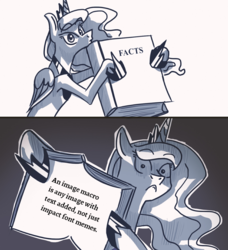 Size: 1080x1186 | Tagged: safe, artist:askbestprincessluna, editor:apex soundwave, princess luna, alicorn, pony, g4, black and white, concave belly, ed edd n eddy, exploitable meme, facts, female, grayscale, luna's fact book, mare, meme, monochrome, slender, solo, thin