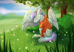Size: 3508x2480 | Tagged: safe, artist:shiro-roo, oc, oc only, oc:gusty breeze, pegasus, pony, clothes, grass, high res, male, preening, sitting, solo, stallion, surprised, tongue out, tree