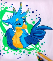 Size: 1465x1681 | Tagged: safe, artist:emberslament, gallus, griffon, g4, cheek fluff, chest fluff, colored pencil drawing, colored pencils, cute, gallabetes, happy, looking at you, male, one eye closed, pencil, photo, quadrupedal, simple background, smiling, solo, traditional art, wing gesture, wing hands, wings, wink