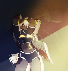 Size: 1518x1603 | Tagged: safe, artist:adahams, oc, oc only, oc:elise, pegasus, anthro, abs, anthro oc, arm behind head, clothes, female, muscles, shirt, shorts, signature, solo, zoom layer