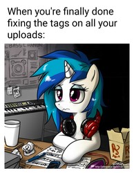 Size: 1080x1393 | Tagged: safe, artist:johnjoseco, edit, editor:apex soundwave, dj pon-3, vinyl scratch, pony, unicorn, derpibooru, g4, background pony, ballpoint pen, bass cannon, caption, cellphone, cup, female, headphones, image macro, keyboard, mare, meta, morning ponies, music notes, musical instrument, phone, smartphone, solo, sunglasses, synthesizer, tags, text, tired, traditional art, working