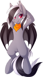 Size: 2058x3678 | Tagged: safe, artist:scarlet-spectrum, derpibooru exclusive, oc, oc only, oc:stormdancer, bat pony, pony, 2019 community collab, derpibooru community collaboration, arm behind head, bandana, bat pony oc, high res, looking at you, male, neckerchief, on back, simple background, smiling, solo, stallion, transparent background