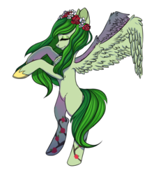 Size: 840x951 | Tagged: artist needed, safe, oc, oc only, oc:princessflora, alicorn, pony, 2019 community collab, derpibooru community collaboration, alicorn oc, female, flower, flower in hair, green hair, mare, pink eyes, princess oc, simple background, solo, spread wings, standing, transparent background