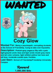 Size: 698x959 | Tagged: safe, artist:jawsandgumballfan24, cozy glow, pegasus, pony, g4, school raze, female, filly, police badge, ponyville police, poster, wanted, wanted poster