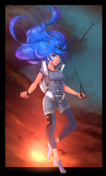 Size: 1920x3173 | Tagged: safe, artist:jonfawkes, artist:vest, princess luna, human, g4, clothes, collaboration, commission, context needed, cutie mark on clothes, female, humanized, leggings, parachute, shirt, shorts, skydiving, solo, sunset, t-shirt