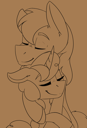 Size: 4550x6650 | Tagged: safe, artist:lula-moonarts, big macintosh, sugar belle, earth pony, pony, unicorn, g4, absurd resolution, eyes closed, female, hug, male, mare, monochrome, ship:sugarmac, shipping, stallion, straight