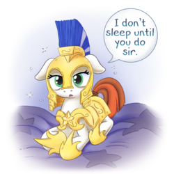 Size: 4921x4921 | Tagged: safe, artist:adequality, artist:lockerobster, artist:princeblueblood, oc, oc only, oc:brave, earth pony, pony, absurd resolution, bed, bedroom eyes, cute, dialogue, exhausted, female, floppy ears, guardsmare, hoof shoes, insomnia, lidded eyes, looking at you, mare, ocbetes, open mouth, prone, protecting, royal guard, simple background, sleepy, solo, speech, sweet dreams fuel, tired, white background
