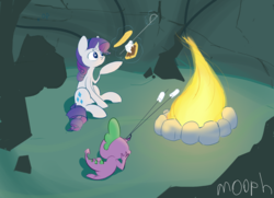 Size: 2048x1484 | Tagged: safe, artist:mooph, rarity, spike, pony, g4, campfire, female, fire, mare, s'mores