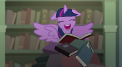Size: 2560x1400 | Tagged: safe, screencap, twilight sparkle, alicorn, pony, castle mane-ia, g4, adorkable, book, bookshelf, cute, dork, excited, female, floppy ears, open mouth, solo, spread wings, that pony sure does love books, twiabetes, twilight sparkle (alicorn), wings