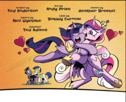 Size: 695x565 | Tagged: safe, artist:andypriceart, idw, princess cadance, twilight sparkle, alicorn, bat pony, pegasus, pony, g4, spoiler:comic, spoiler:comic61, belly, bipedal, cute, cutedance, female, floating heart, heart, hug, mare, one eye closed, royal guard, shipping fuel, sisters-in-law, text, twiabetes, twilight sparkle (alicorn)