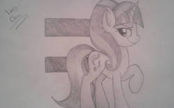 Size: 1024x641 | Tagged: safe, artist:enviaart, starlight glimmer, pony, unicorn, g4, cutie mark background, equal sign, female, gray background, grayscale, mare, monochrome, pencil drawing, raised hoof, signature, simple background, solo, traditional art