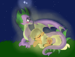 Size: 1024x768 | Tagged: safe, artist:fluttershyfilly-yay, applejack, spike, dragon, pony, g4, blushing, cute, female, glowing, hatless, lidded eyes, loose hair, male, missing accessory, night, older, older spike, prone, ship:applespike, shipping, sky, sleeping, stars, straight, winged spike, wings