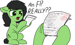 Size: 3742x2259 | Tagged: safe, artist:smoldix, oc, oc only, oc:filly anon, earth pony, pony, annoyed, dialogue, exclamation point, f, f-, fail, female, filly, high res, hoof hold, interrobang, math, paper, question mark, simple background, sitting, solo, speech, test, text, transparent background