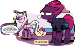 Size: 803x495 | Tagged: safe, artist:andypriceart, edit, idw, princess cadance, tempest shadow, g4, spoiler:comic, spoiler:comic68, broken horn, crown, dialogue, horn, jewelry, princess of military supremacy, regalia, tempest's tale, text