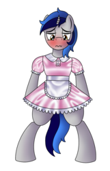 Size: 900x1400 | Tagged: safe, artist:cappie, oc, oc only, oc:cappie, pony, unicorn, bipedal, blushing, clothes, crossdressing, forced feminization, maid, male, satin, shiny, silk, simple background, sissy, skirt, solo, stallion, transparent background, uniform