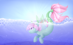 Size: 5400x3300 | Tagged: safe, artist:scarlet-spectrum, oc, oc only, oc:spectral wind, seapony (g4), commission, female, seaponified, sky, smiling, solo, species swap, sun, underwater, water, wings, ych result