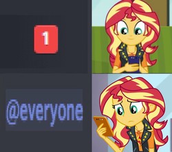 Size: 1219x1080 | Tagged: safe, edit, edited screencap, editor:apex soundwave, screencap, sunset shimmer, equestria girls, g4, my little pony equestria girls: better together, text support, @everyone, discord (program), female, happy, meme, notification, notification meme, reaction image, sad, solo