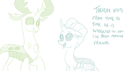 Size: 1152x648 | Tagged: safe, artist:sintakhra, ocellus, thorax, changedling, changeling, tumblr:studentsix, g4, ask, cute, diaocelles, happy, king thorax, looking at each other, papa thorax, post-it, simple background, smiling, thorabetes, tumblr, white background