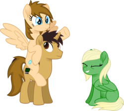 Size: 4152x3728 | Tagged: safe, artist:itspeahead, oc, oc only, oc:data wave, oc:stellar winds, pegasus, pony, unicorn, g4, blue eyes, brown eyes, female, grin, happy, high res, male, mare, movie accurate, piggyback ride, ponies riding ponies, raised hoof, riding, simple background, sitting, smiling, spread wings, stallion, transparent background, transparent mane, trio, vector, wings