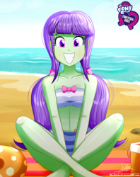 Size: 920x1160 | Tagged: safe, artist:the-butch-x, part of a set, starlight, starshine, equestria girls, equestria girls series, background human, barefoot, beach, beach babe, bikini, bikini babe, bow, breasts, busty starlight, butch's hello, clothes, cute, equestria girls logo, feet, female, grin, hello x, looking at you, midriff, sitting, smiling, solo, swimsuit
