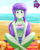 Size: 920x1160 | Tagged: safe, artist:the-butch-x, part of a set, starlight, equestria girls, equestria girls series, g4, background human, barefoot, beach, beach babe, bikini, bikini babe, bow, breasts, busty starlight, butch's hello, clothes, cute, equestria girls logo, feet, female, grin, looking at you, midriff, sitting, smiling, solo, swimsuit
