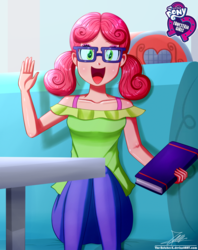 Size: 920x1160 | Tagged: safe, artist:the-butch-x, part of a set, alizarin bubblegum, coinky-dink world, equestria girls, g4, my little pony equestria girls: summertime shorts, background human, bare shoulders, book, bra, bra strap, butch's hello, clothes, cute, equestria girls logo, female, glasses, looking at you, open mouth, sitting, smiling, solo, underwear, waving
