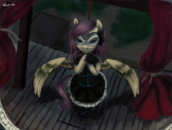 Size: 3754x2850 | Tagged: safe, artist:misstwipietwins, fluttershy, pony, g4, ballerina, bipedal, clothes, dress, execution, female, gallows, hanging, hanging (by neck), high res, mask, noose, rope, solo, spread wings