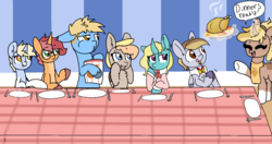 Size: 1780x940 | Tagged: safe, alternate version, artist:nootaz, oc, oc:blank space, oc:chocolate turnover, oc:game guard, oc:nootaz, oc:nora swirl, oc:seafoam breeze, oc:waffle line, turkey, cooked, dead, food, holiday, ponies eating meat, ship:gametaz, thanksgiving