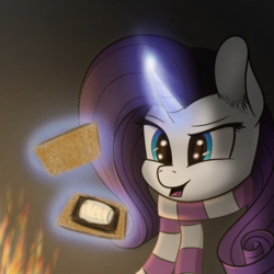 Size: 1000x1000 | Tagged: safe, artist:lamb, rarity, pony, unicorn, g4, clothes, drawthread, female, fire, food, glowing horn, horn, magic, open mouth, s'mores, scarf, signature, solo, telekinesis