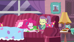 Size: 1920x1080 | Tagged: safe, screencap, gummy, lily pad (g4), pinkie pie, equestria girls, equestria girls series, g4, pinkie sitting, young