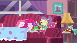 Size: 1920x1080 | Tagged: safe, screencap, gummy, lily pad (g4), pinkie pie, equestria girls, equestria girls series, g4, pinkie sitting, clothes, female, lamp, sleeping, young