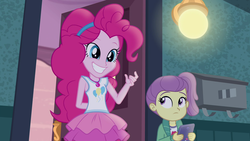 Size: 1920x1080 | Tagged: safe, screencap, lily pad (g4), pinkie pie, equestria girls, g4, my little pony equestria girls: better together, pinkie sitting, creepy, creepy smile, duo, geode of sugar bombs, magical geodes, out of context, smiling, stranger danger, young