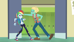 Size: 1920x1080 | Tagged: safe, screencap, rainbow dash, zephyr breeze, equestria girls, equestria girls series, g4, overpowered (equestria girls), clothes, converse, geode of super speed, magical geodes, shoes, sneakers