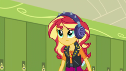 Size: 1920x1080 | Tagged: safe, screencap, sunset shimmer, equestria girls, equestria girls series, g4, overpowered (equestria girls), female, geode of empathy, headphones, magical geodes, solo