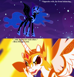 Size: 912x950 | Tagged: safe, edit, edited screencap, editor:korora, screencap, daybreaker, nightmare moon, alicorn, pony, a royal problem, g4, c.s. lewis, cropped, crown, ethereal mane, hoof shoes, jewelry, mane of fire, regalia, starry mane, text
