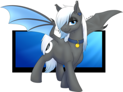 Size: 1673x1246 | Tagged: safe, artist:mythpony, oc, oc only, oc:moonlight melody, bat pony, pony, abstract background, bat pony oc, bat wings, bedroom eyes, collar, dog tags, ear fluff, ear piercing, female, gift art, looking at you, mare, piercing, smiling, solo, spread wings, standing, wing claws, wings