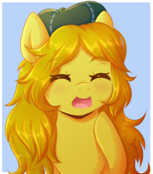 Size: 2560x2905 | Tagged: safe, artist:fluffymaiden, oc, oc only, oc:marigold, pony, beret, commission, eyes closed, female, hat, high res, mare, smiling, solo