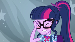 Size: 1920x1080 | Tagged: safe, screencap, sci-twi, twilight sparkle, equestria girls, equestria girls series, g4, star crossed, blushing, facepalm, female, geode of telekinesis, magical geodes, ponytail, solo