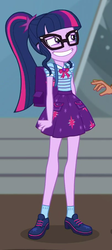 Size: 406x907 | Tagged: safe, screencap, sci-twi, timber spruce, twilight sparkle, equestria girls, g4, my little pony equestria girls: better together, star crossed, cropped, female, geode of telekinesis, grin, magical geodes, nervous, nervous smile, offscreen character, smiling, solo focus